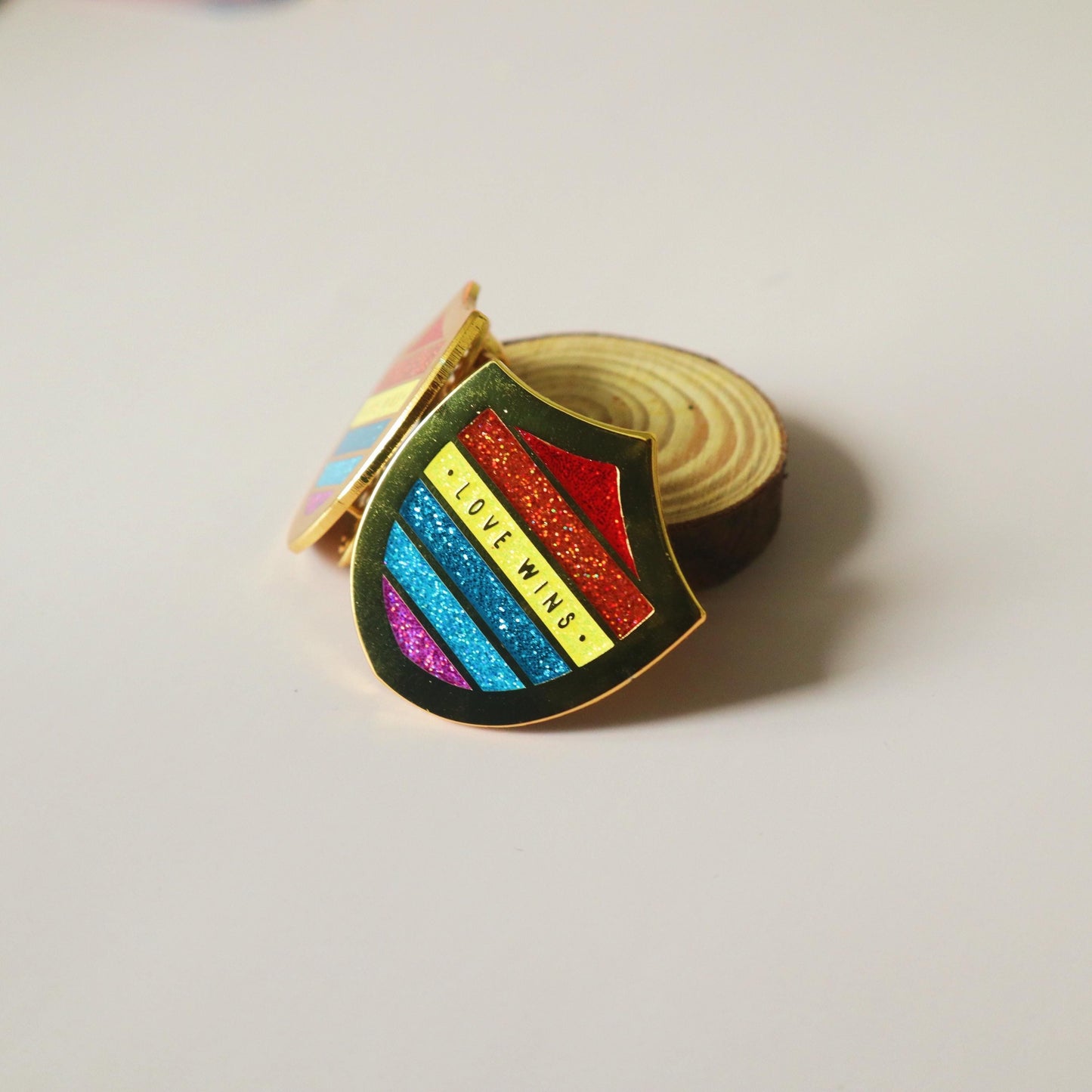 Love Wins Enamel Pin - LGBT Queer Flag Shield - Polished Pride Flag Emblem