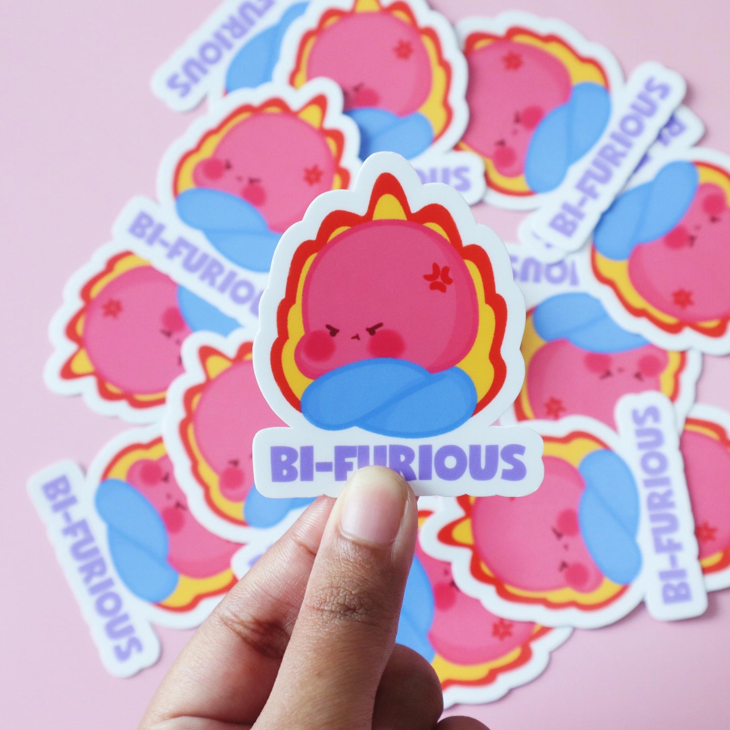 Bi-furious LGBT Sticker- Cute Nibbles the Spider Bisexual Flag mascot - Waterproof /Glossy/Matte Laptop Decal Stickers
