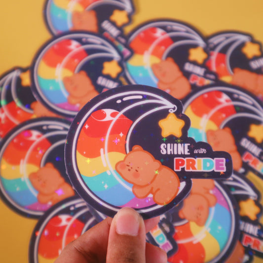 Pride Flag Shine with Pride Sticker-LGBTQ+ Moon Kawaii Bear Waterproof Holographic/Glossy/Matte Laptop Decal Stickers