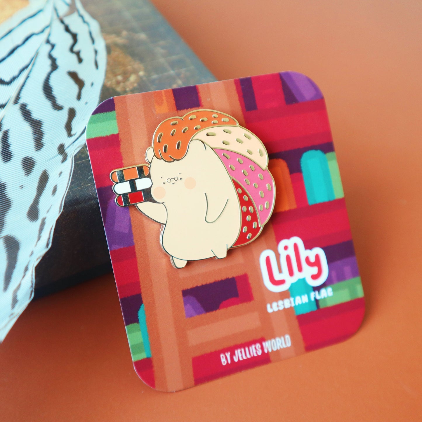 Lesbian Flag Enamel Pin - Subtle LGBT WLW Mascot - Kawaii Red Hedgehog Librarian Lily - Jellie's World-
