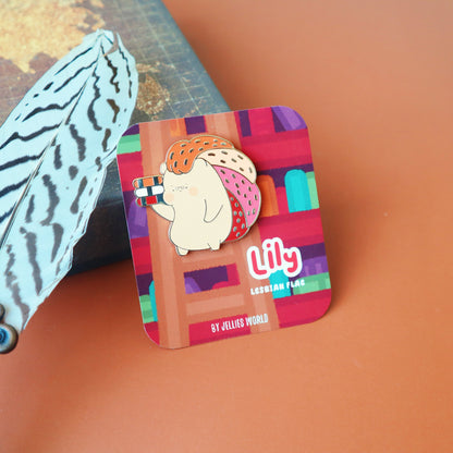 Lesbian Flag Enamel Pin - Subtle LGBT WLW Mascot - Kawaii Red Hedgehog Librarian Lily - Jellie's World-