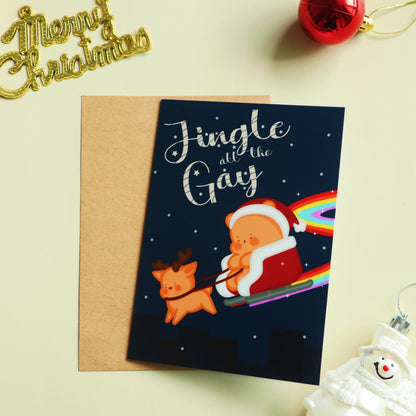 Jingle All The Gay Christmas Card-Rainbow Pride Flag Candi on Sleigh-Cute Queer Greeting Card
