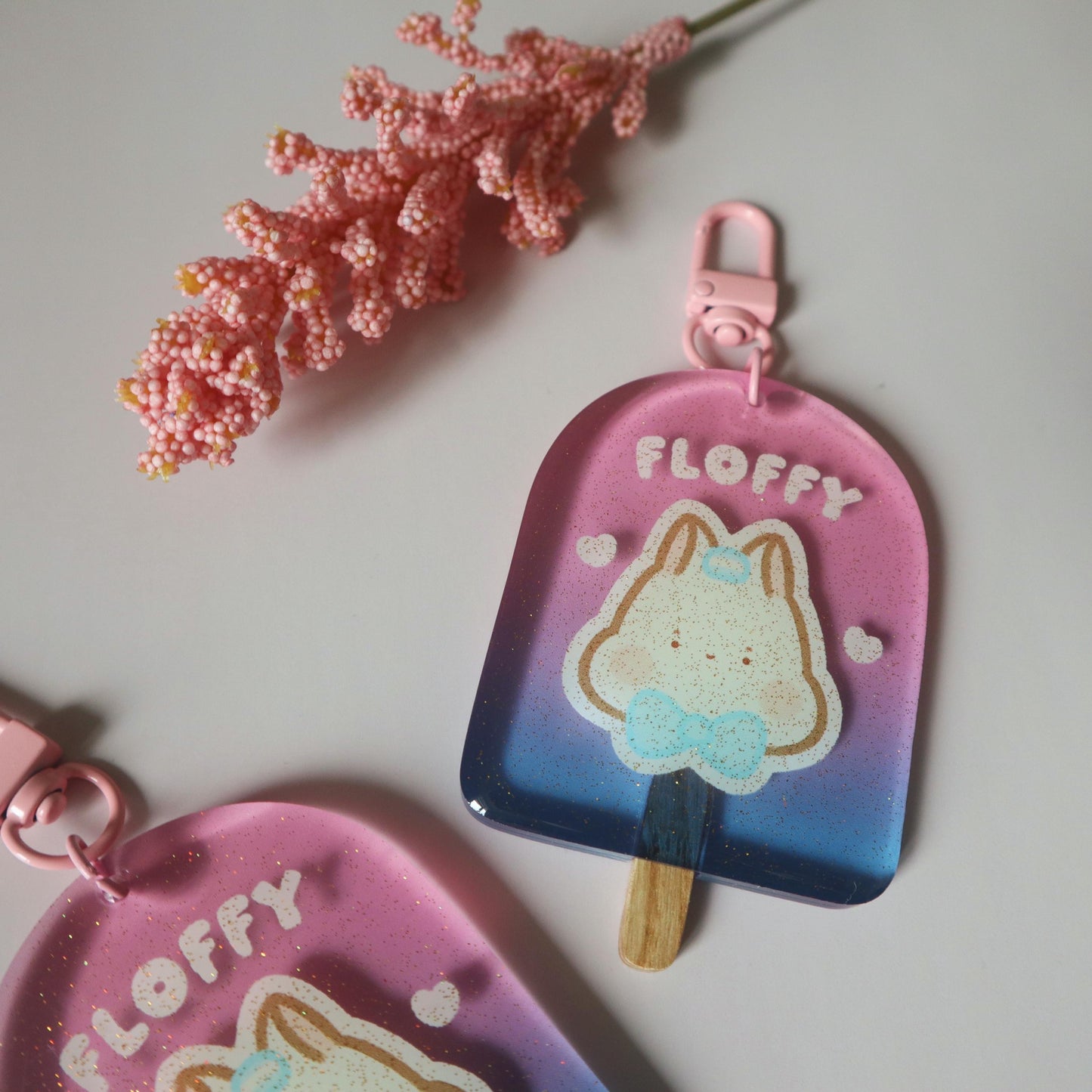Transgender Flag Glitter Keychain - Subtle LGBT Trans Mascot - Kawaii Sparkle Ice Cream White Bunny Floffy