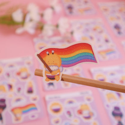 Non-Binary Flag Pride Parade Sticker Sheet-LGBT Cute Bee - Waterproof Bujo Laptop Planner Stickers -Glitter/Glossy/Matte