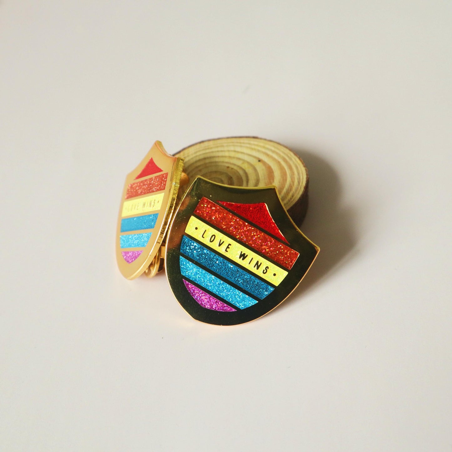 Love Wins Enamel Pin - LGBT Queer Flag Shield - Polished Pride Flag Emblem