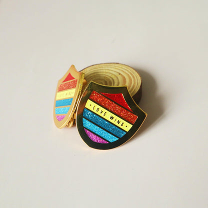 Love Wins Enamel Pin - LGBT Queer Flag Shield - Polished Pride Flag Emblem