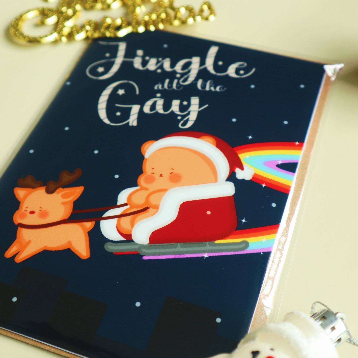 Jingle All The Gay Christmas Card-Rainbow Pride Flag Candi on Sleigh-Cute Queer Greeting Card