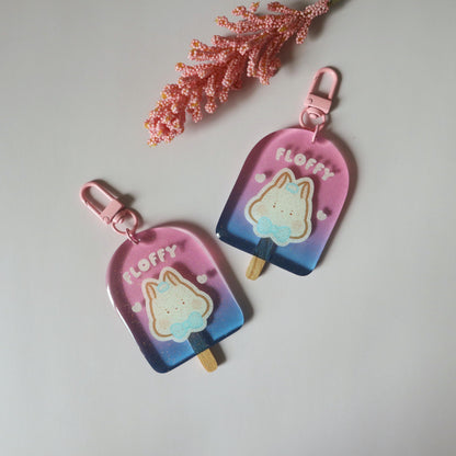 Transgender Flag Glitter Keychain - Subtle LGBT Trans Mascot - Kawaii Sparkle Ice Cream White Bunny Floffy