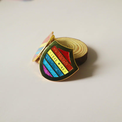 Love Wins Enamel Pin - LGBT Queer Flag Shield - Polished Pride Flag Emblem