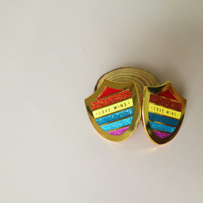 Love Wins Enamel Pin - LGBT Queer Flag Shield - Polished Pride Flag Emblem