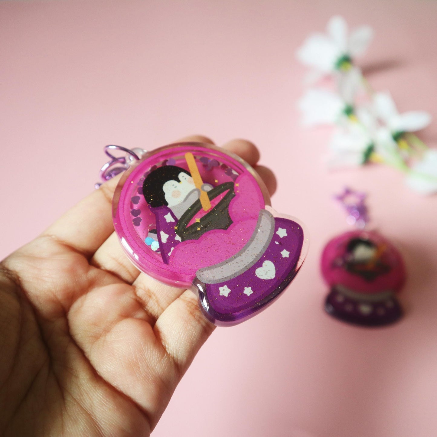 Asexual Flag Shaker Keychain - Subtle LGBT Ace Mascot - Kawaii Purple Penguin Magician Ozzy the Great Panguini -Jellie's World-