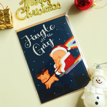 Jingle All The Gay Christmas Card-Rainbow Pride Flag Candi on Sleigh-Cute Queer Greeting Card