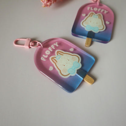 Transgender Flag Glitter Keychain - Subtle LGBT Trans Mascot - Kawaii Sparkle Ice Cream White Bunny Floffy
