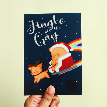 Jingle All The Gay Christmas Card-Rainbow Pride Flag Candi on Sleigh-Cute Queer Greeting Card